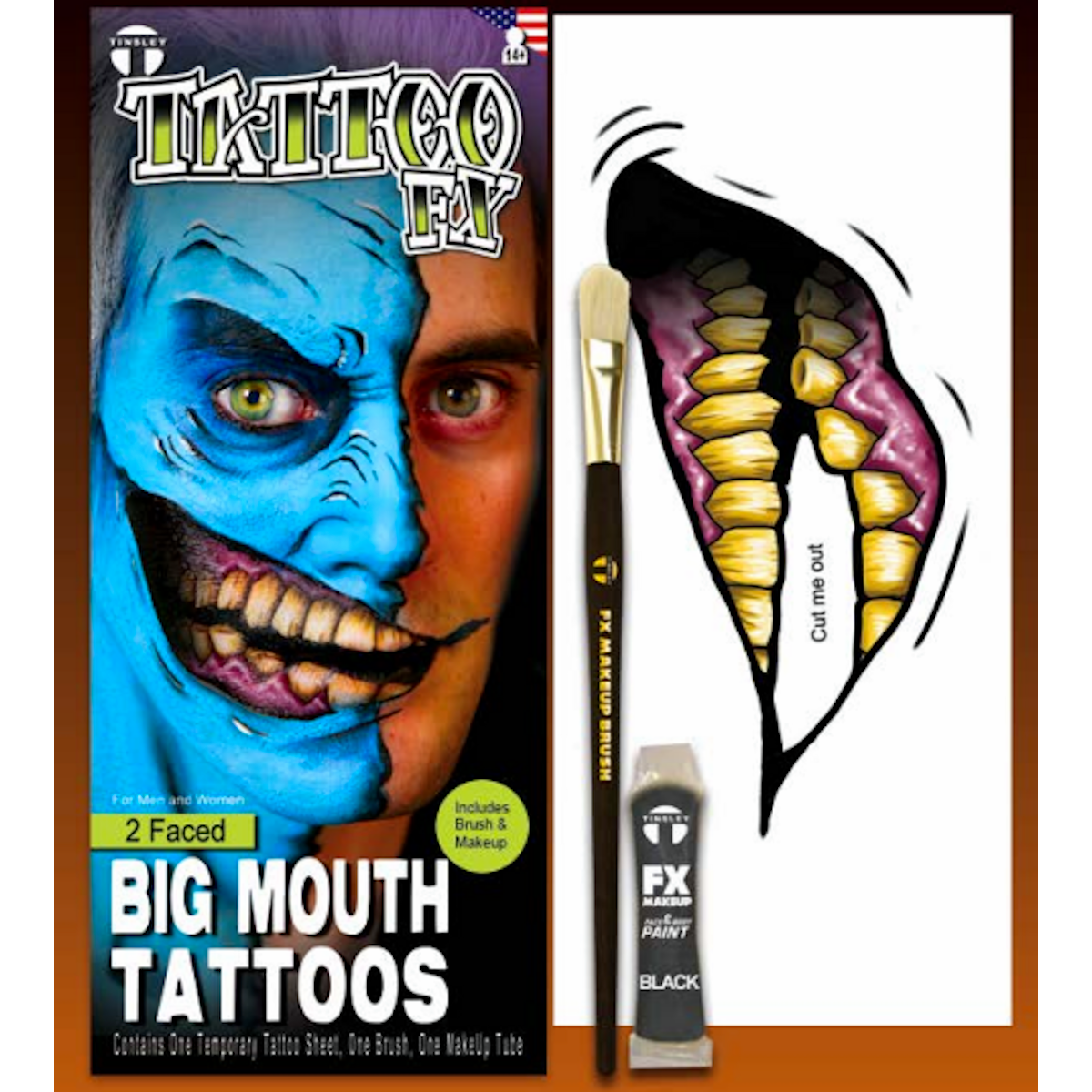 Big Mouth Two Faced Temporary Tattoo Tinsley Halloween Special FX Make up KIT