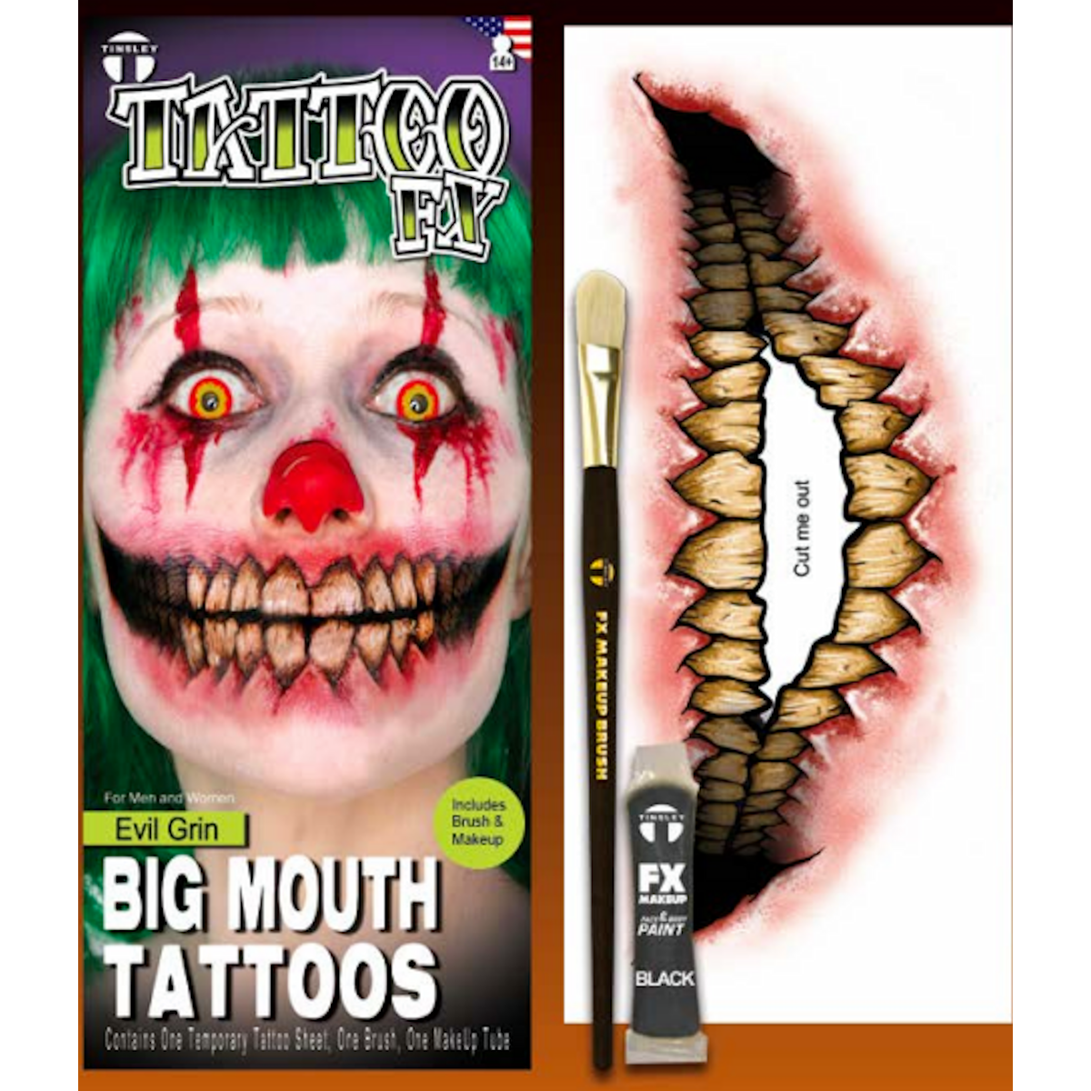Big Mouth Evil Grin Temporary Tattoo Tinsley Halloween Special FX Make up KIT