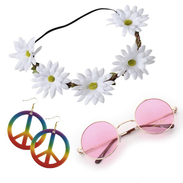 60's Flower Power Hippie Costume Accessory Kit Headband Glasses Earrings