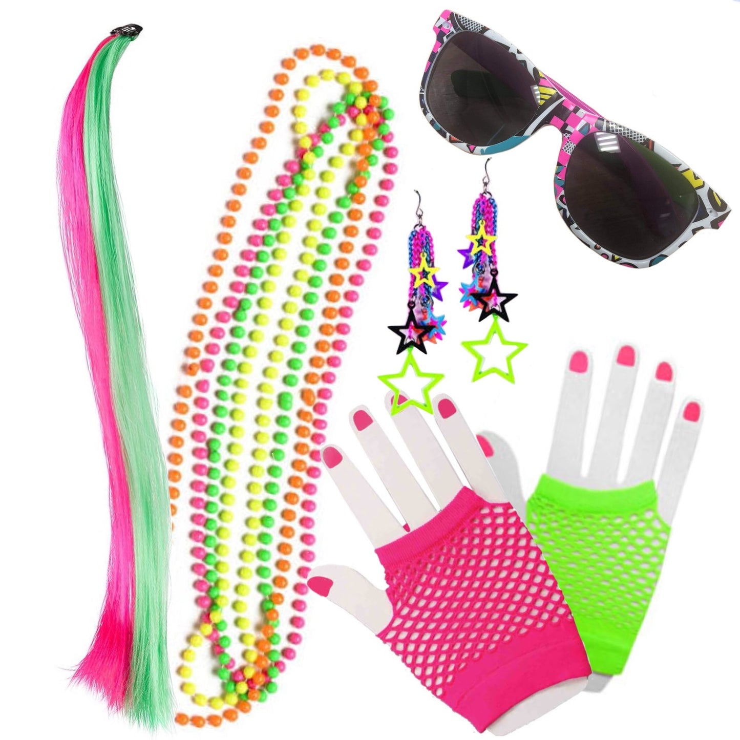80's Flash Dancer Costume Accessory Kit Gloves Necklace Glasses Hair Clips
