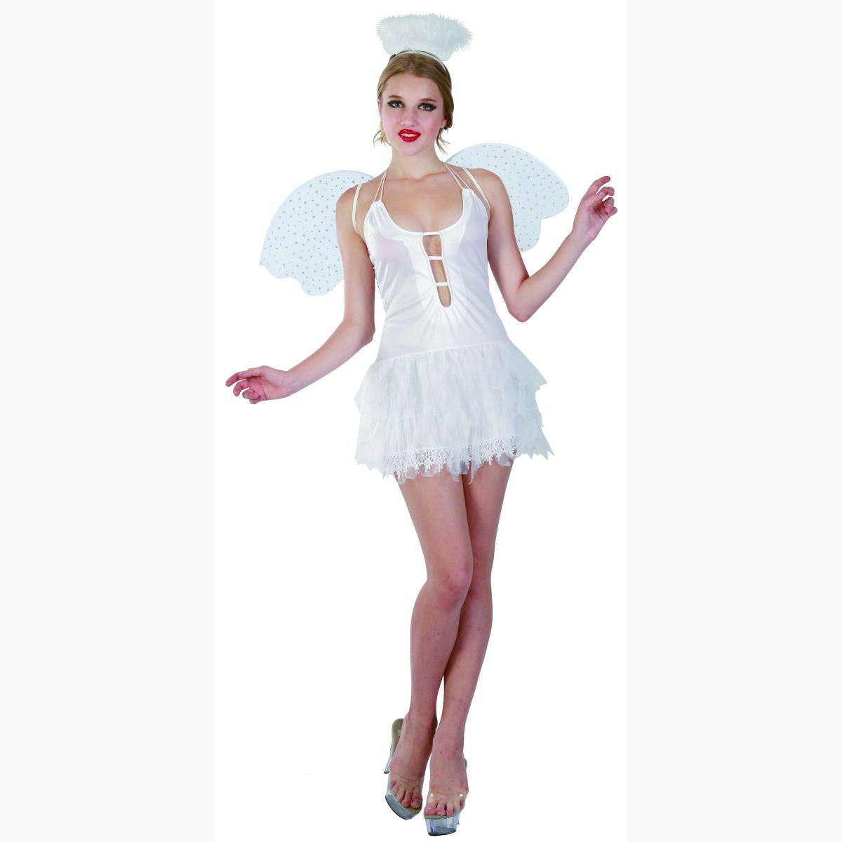 Snow Angel White Fairy Womens Fancy Dress Costume with Wings & Halo