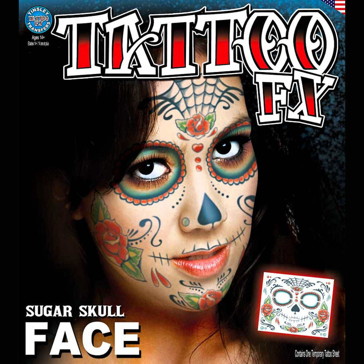 DOD Sugar Skull Full Face Temporary Tattoo Tinsley Halloween Special FX Make up
