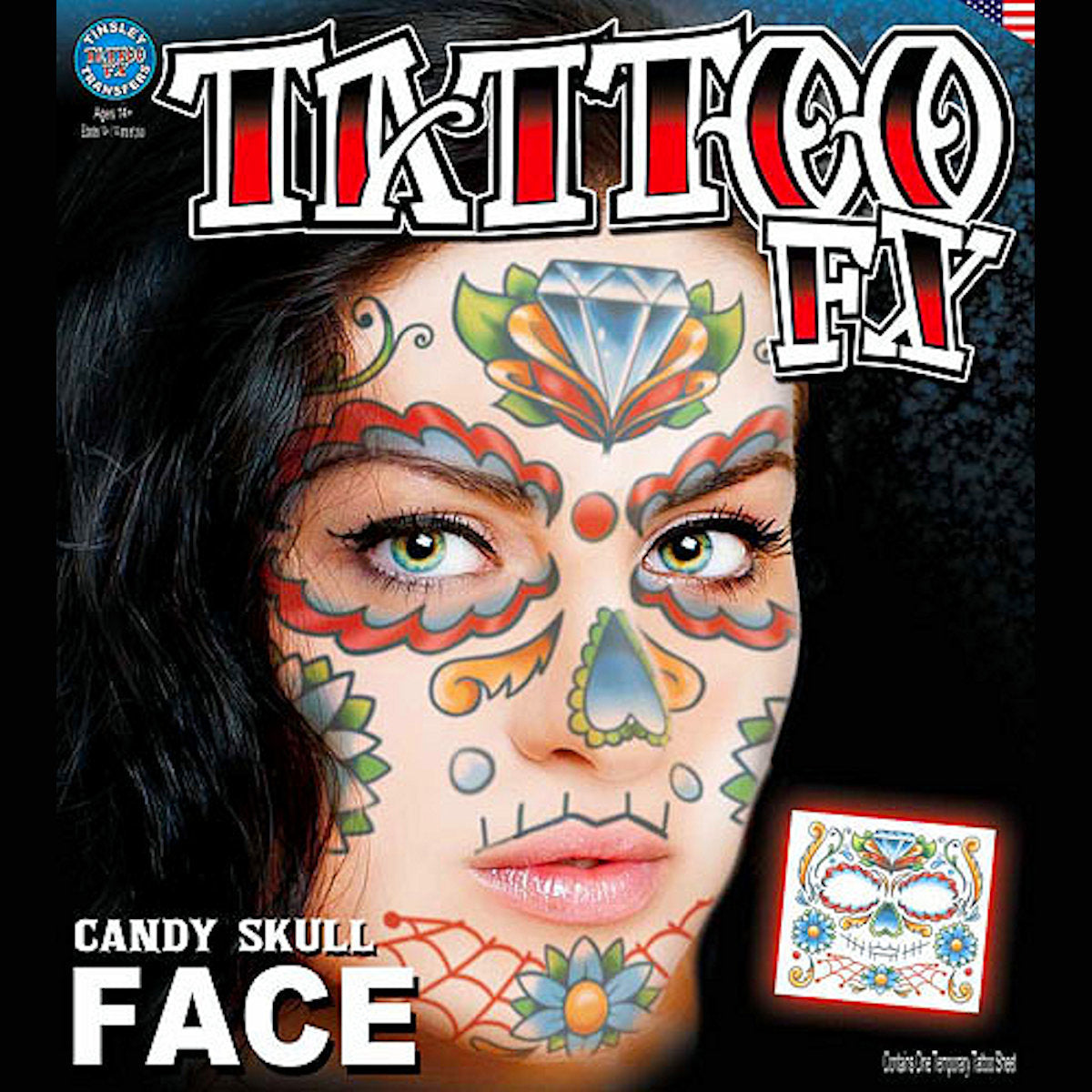 Sugar Skull Full Face Temporary Tattoo Tinsley Halloween Special FX Make up