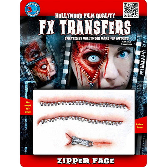 Zipper Face 3D FX Transfer Tinsley Temporary Tattoo Halloween Special FX Make Up