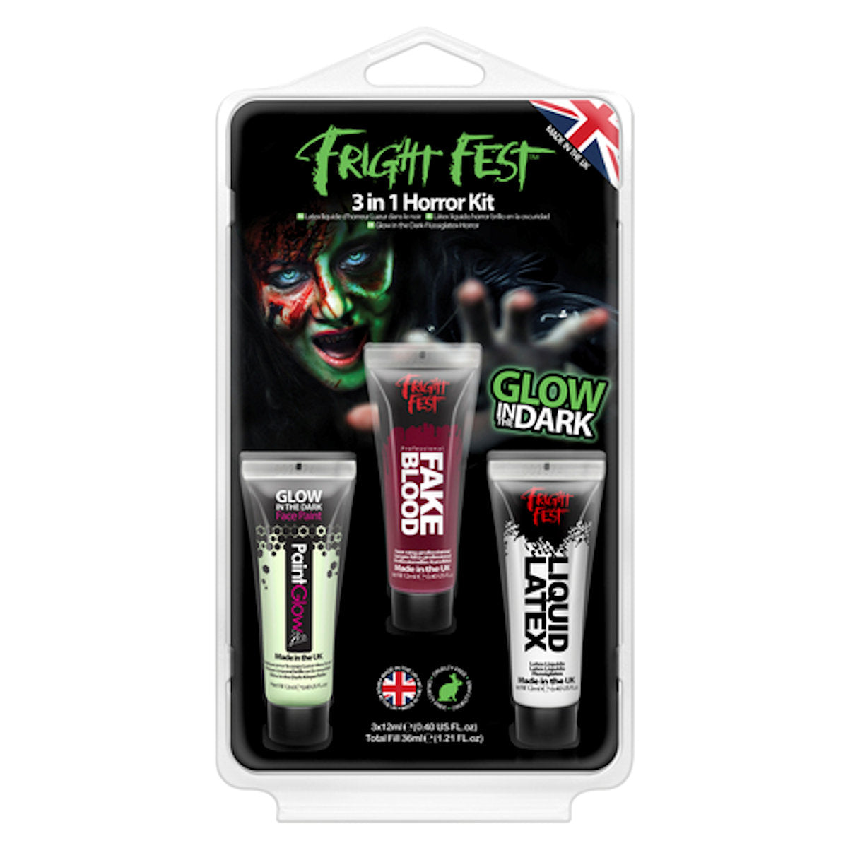 Fright Fest Glow In The Dark Liquid Latex Face Paint Set of 3 Halloween Make Up Paint Glow