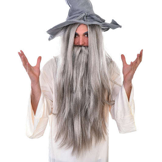 Wizard Long Grey Wig Beard Set Merlin Gandalf Witch Costume Accessory