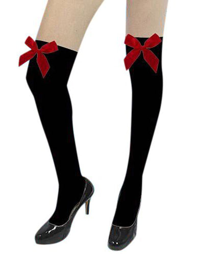Black Opaque Overknee Socks with red bows Adult Costume Accessory