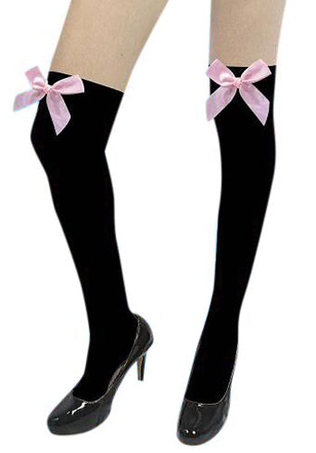 Black Opaque Overknee Socks with pink bows Adult Costume Accessory