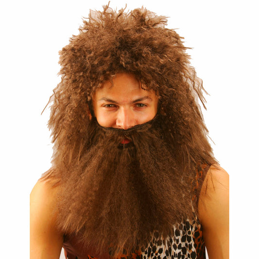 Men's Caveman Wig & Beard Set Brown Crimped Hair DELUXE