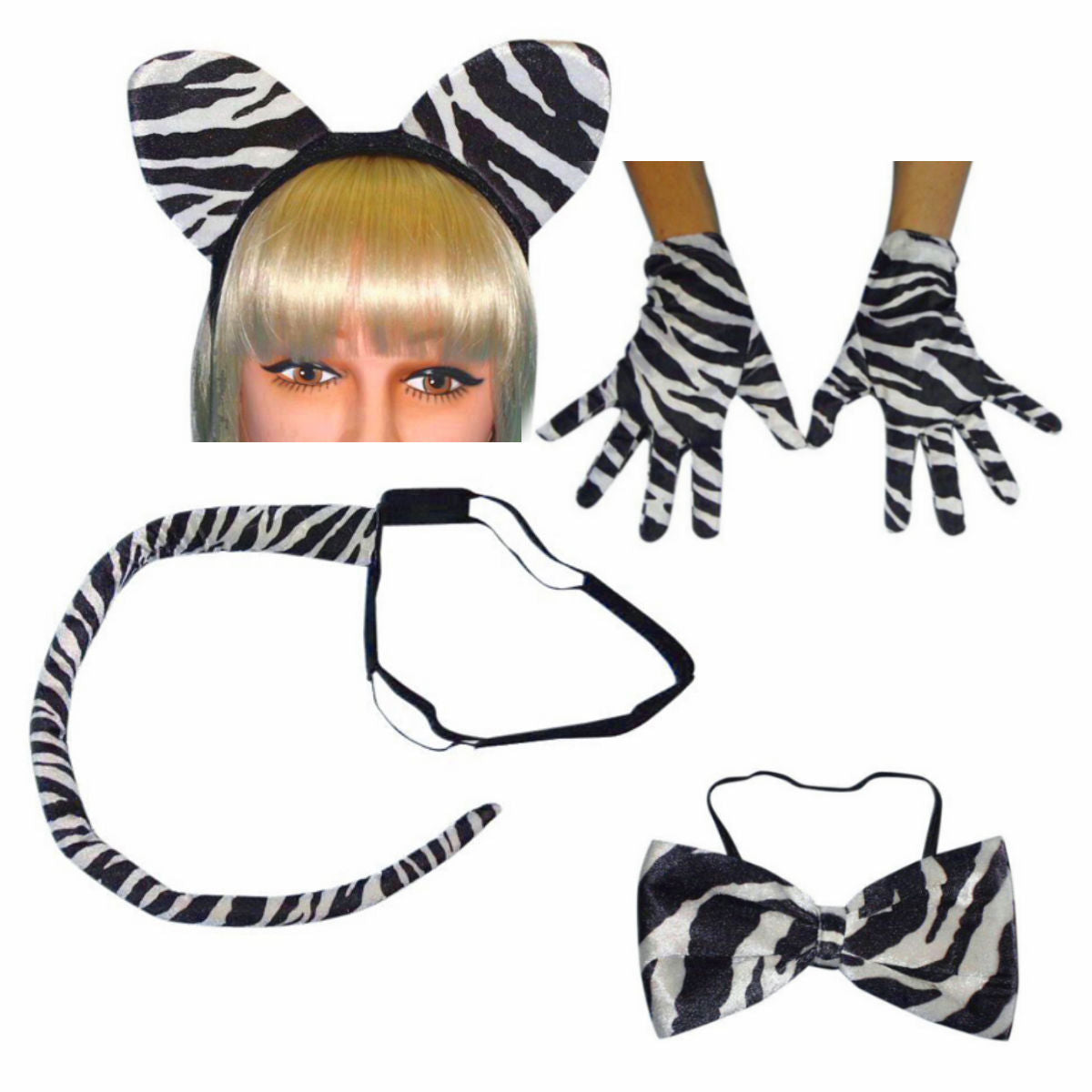 Zebra Animal Costume 4 Piece Set Ears Tail Bowtie Gloves Fancy Dress