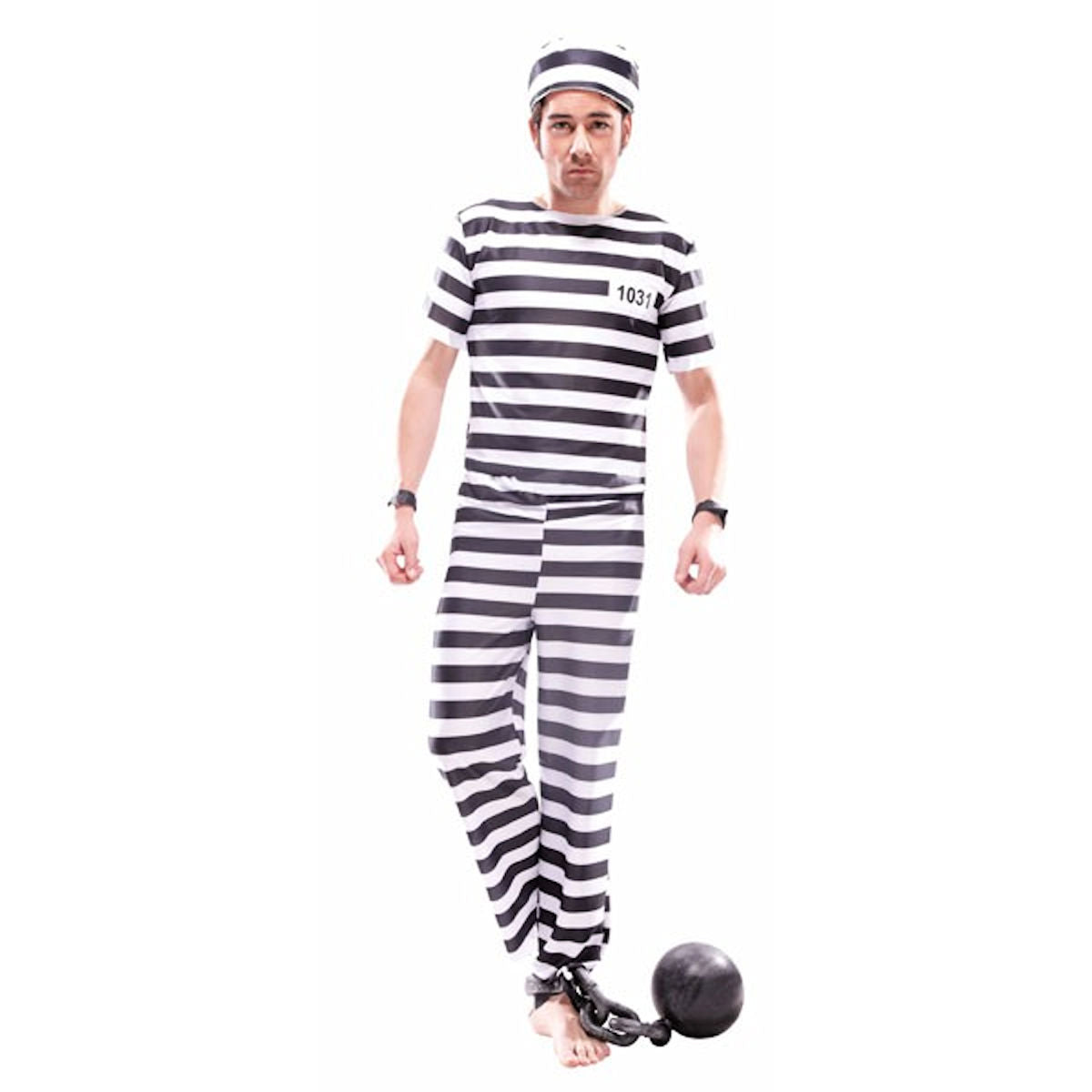 Prisoner Convict Jailbird Men's Fancy Dress Costume with free handcuffs